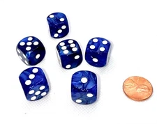 Set of 6 Six Sided 16mm Gaming Dice- Blue with White Pips
