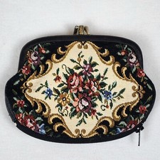 Vtg Floral Tapestry Clutch Kiss Closure Victorian Boho Purse Handmade Hong Kong