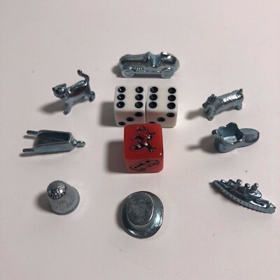 Parker Brothers 2014 Dog & Cat Monopoly  8 Retired Tokens with Red Dice.