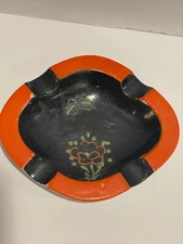 Vintage 1940’s Hand Painted Japanese Enameled Ceramic Ashtray Floral Butterfly