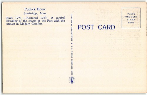 Sturbridge, Massachusetts PUBLICK HOUSE - 1940s B&W Linen Postcard - Picture 2 of 2