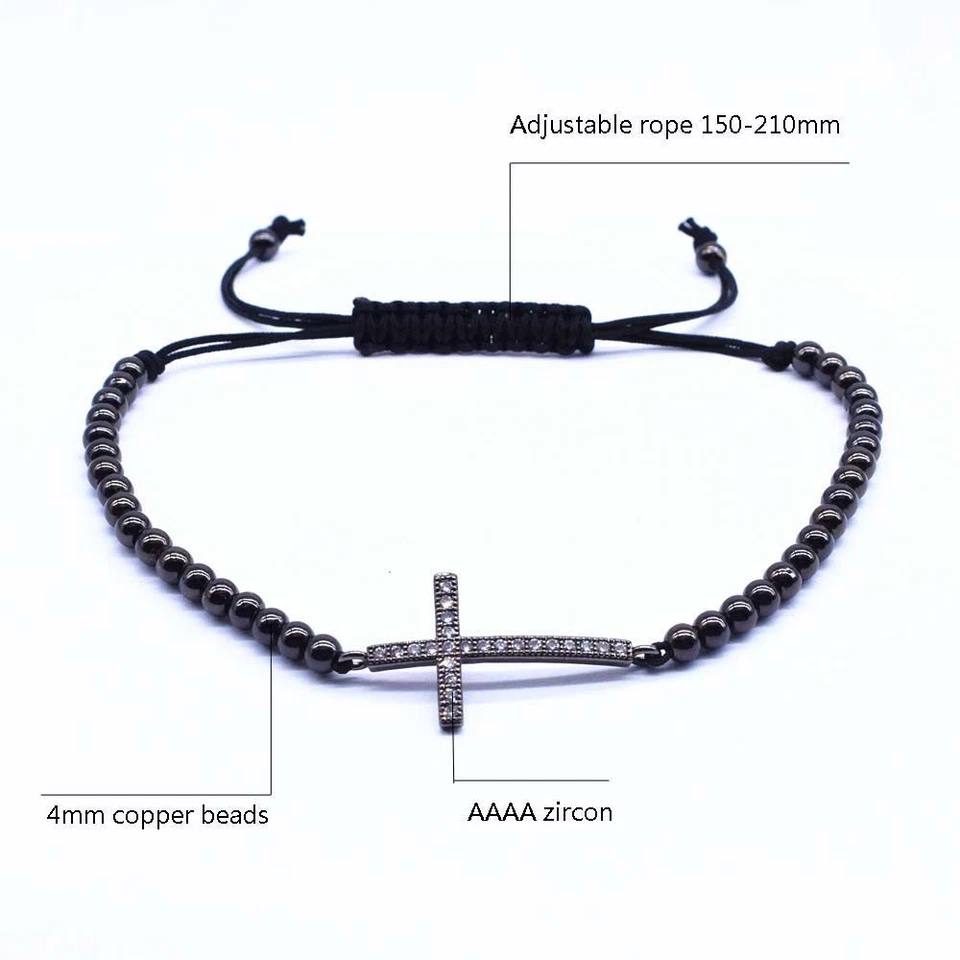 Горизонтальные боковые браслеты с крестом - цвет серебро регулируемая веревка бисер браслет - Изображение 3 из 4