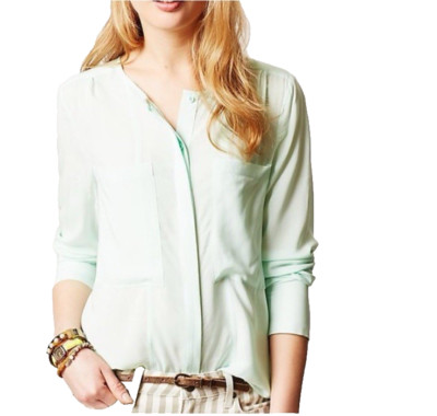 ANTHROPOLOGIE Maeve Women's 6 Clara Split Back Blouse Top Mint Green Pockets