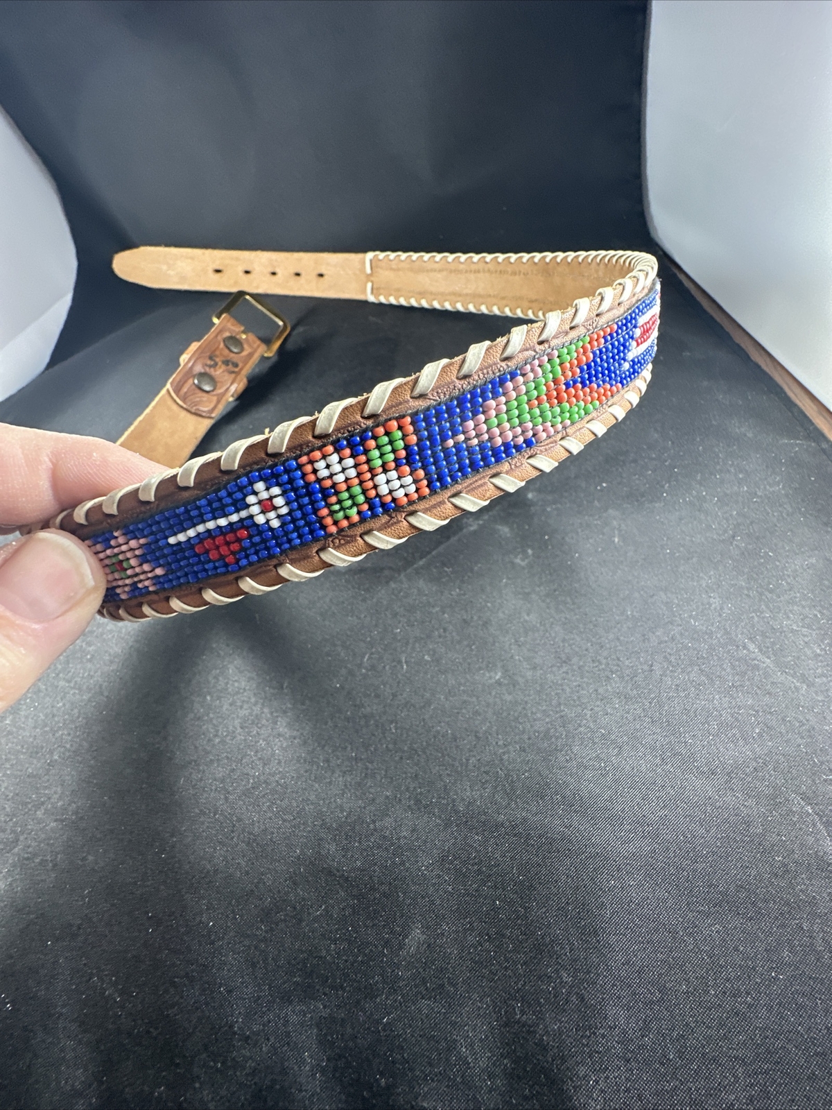 Vintage Wampum Hand Beaded Steerhide Leather Belt SZ … Gem