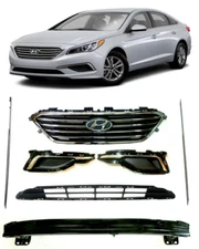 Lower + Upper Grille Bezel + Reinforcement bar + Chrome Fender For 15 17 Sonata 