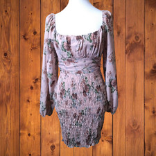 Shein Women's XS Pink Floral Long Sleeve Smocked Open Back Dress Balloon Sleeves