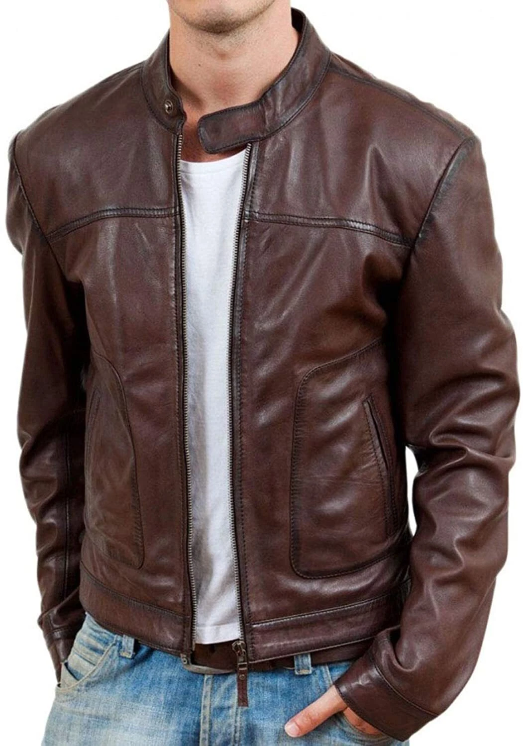 Luis Mens Antique Brown Retro Genuine Lambskin Leather Biker Motorcycle Jacket