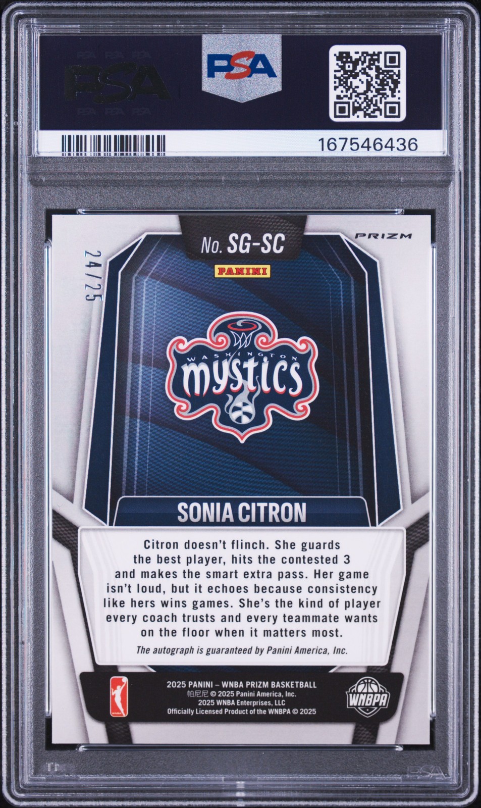2025 PANINI PRIZM WNBA SIGNATURE GREEN PULSAR SONIA CITRON RC /25 PSA 10 AUTO 10 view 2
