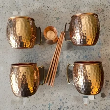 Four “B. Weiss Mugs Quality Products” Moscow Mule Mugs Plus Four Straws & Jigger