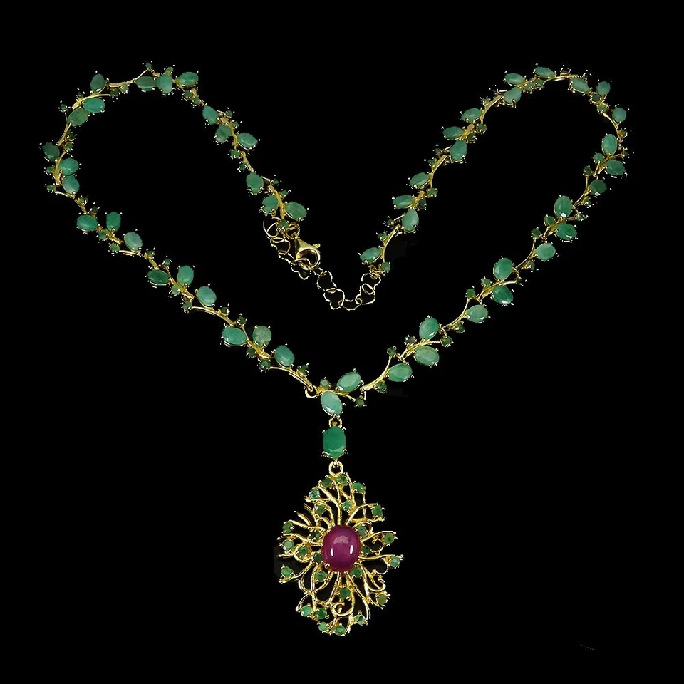 925 Sterling Silver Necklace Oval Ruby 10x8mm Emerald Gemstone Jewelry 18inches - Image 2 of 4