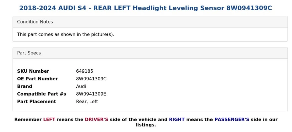 2018-2024 AUDI S4 — датчик выравнивания задней левой фары 8W0941309C - Изображение 4 из 4