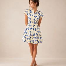 Zara, Blue & White Seashell Print Short-Sleeve Mini Flare Shirt Dress, M Costal