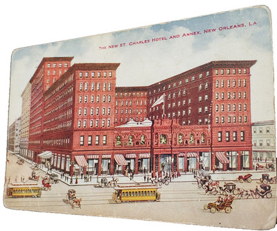 New St Charles Hotel and Annex New Orleans Street Cars Antique Postcard 1915