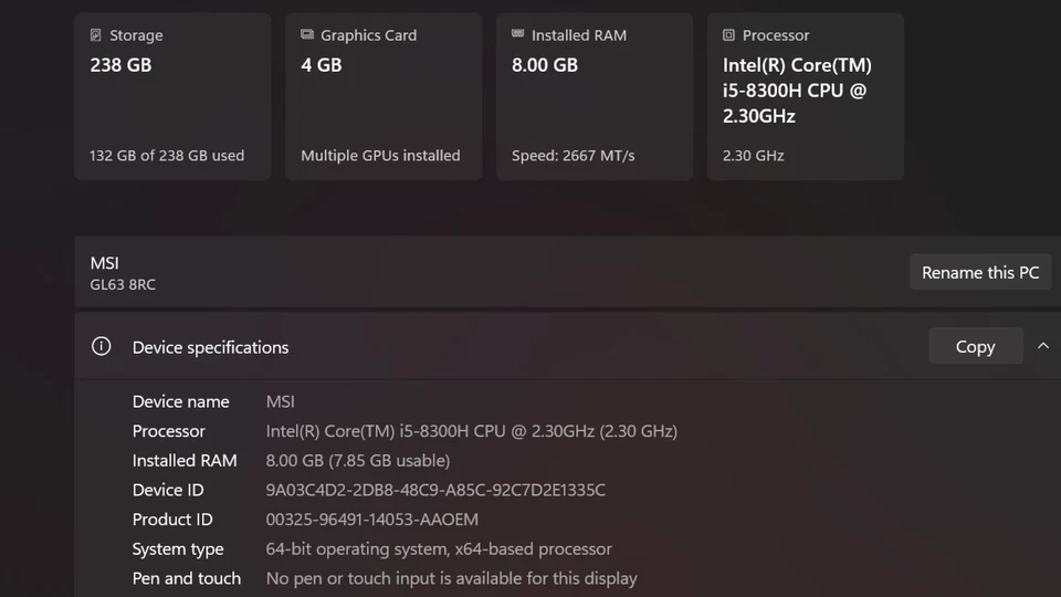 MSI GL63 8RC 15.6" Gaming Laptop i5-8300H GTX1050 8GB RAM- 256 SSD (NVMe) - Image 4 of 4