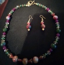 Artist Lampwork Burgandy Tulip, Jade, Facet Crystals,Solid Hypo Necklace  Set