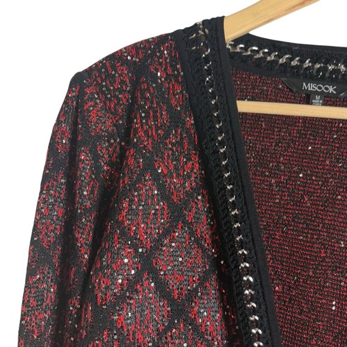 Misook Crochet Chain Trim Mini Sequin Knit Jacket Crimson Red Black Size Medium - Picture 7 of 13