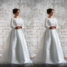 Simple Wedding Dresses Plus Size Long Sleeves Scoop Neck Satin Bridal Gown