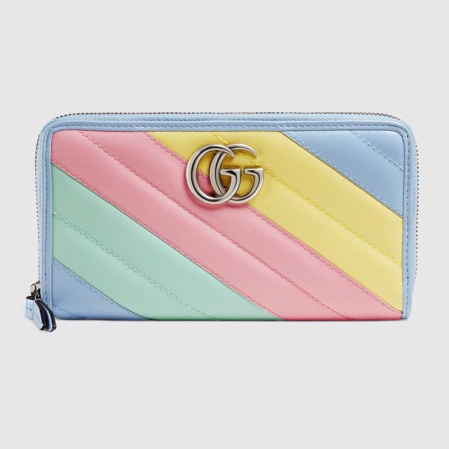 GUCCI Marmont Pastel Matelasse Zip Around Rainbow Leather Wallet Quilted GG Logo