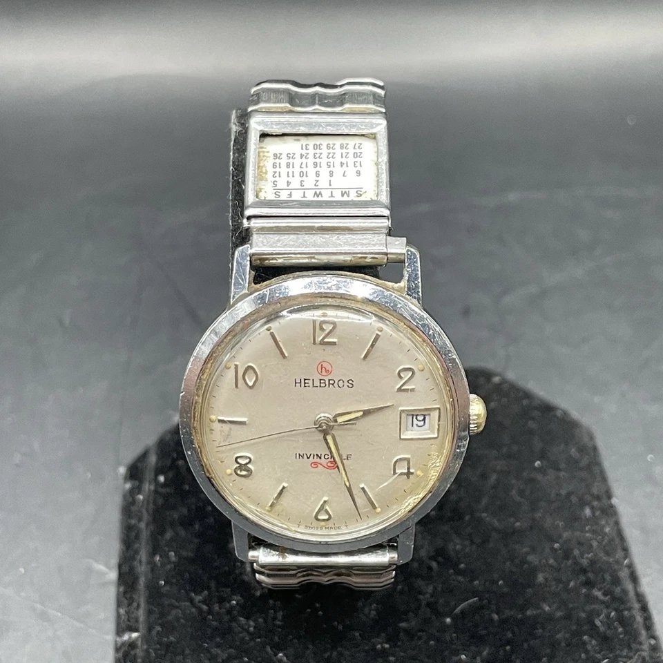 Reloj Helbros Invincible 34mm Vintage Banda Elástica Original con Calendario Diapositivas Foto 3 de 4