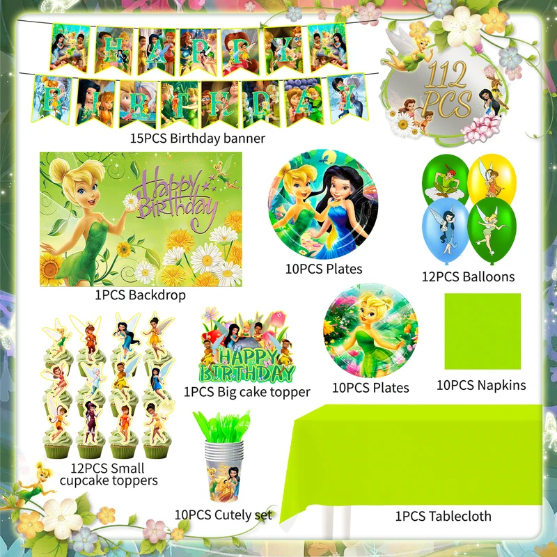 Tinker Bell Birthday Decorations,112 Pcs Tinker Bell Party Decorations Tableware - Image 2 of 4