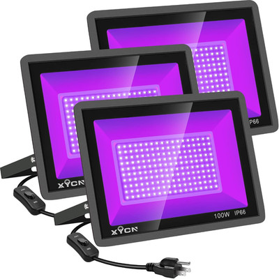 3 Pack 100W LED Black Light Flood Light Waterproof IP66 Plug Switch Party