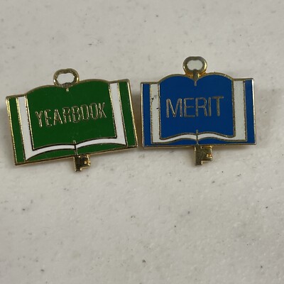 VINTAGE SET OF 2 SCHOOL PINBACK LAPEL PINS - ''YEARBOOK'' and ''MERIT'' (Ff10)