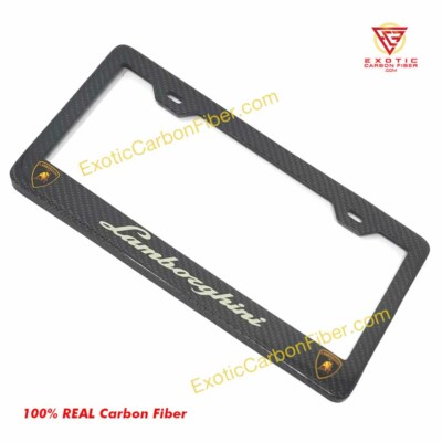 Lamborghini Silver Text Gold Shields Carbon Fiber License Plate Frame 2x2 Gloss