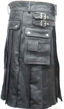 Men's Black Real Leather Kilt Cargo Pockets Pleated Utility Clubwear