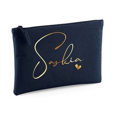 Image of NAVY BLUE PERSONALISED MAKE UP BAG | Wash Bag Women Birthday Gift | Name Heart
