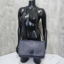 Vintage Trussardi Italy Navy Blue Leather Crossbody Bag Red Logo Pattern Purse