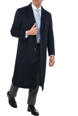 Men's Regular Fit Navy Blue Full Length Wool Cashmere Overcoat