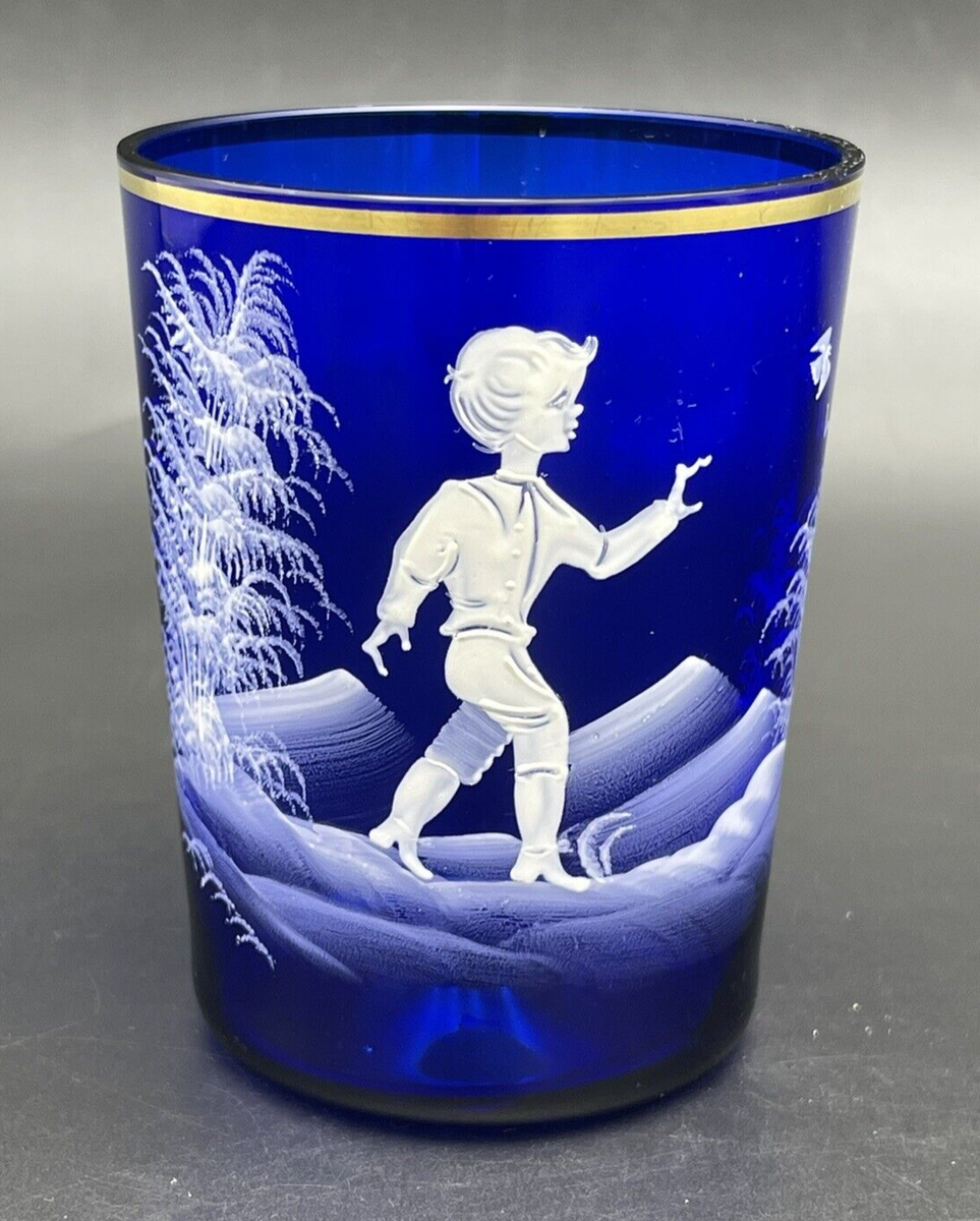 イングリッシュカメオガラス　アンティーク　検)トーマスウェッブ　マリーグレゴリー Vintage Mary Gregory Glass/Tumbler Boy w/ Bird in Cobalt