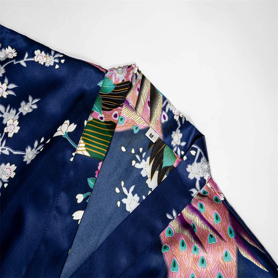 Womens Kimono Robe Peacock Dressing Gown Blossoms Nightwear Long Bride Sleepwear - Image 4 of 4