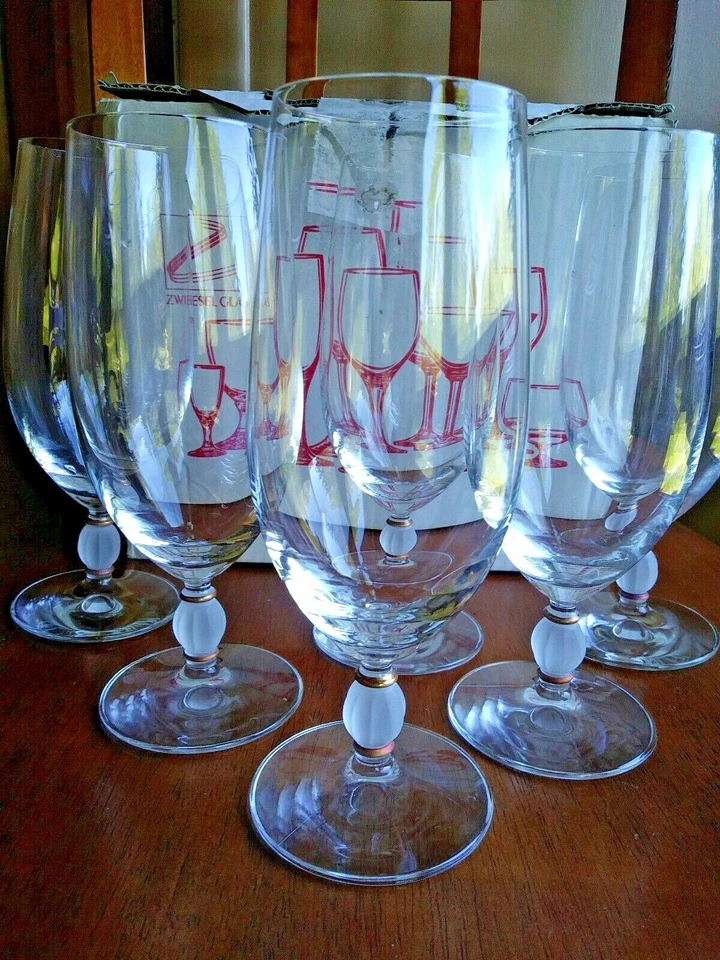 LOTE 6 vasos de té helados camelote blanco artesanal Zwiesel Alemania con caja adorno dorado Foto 3 de 4