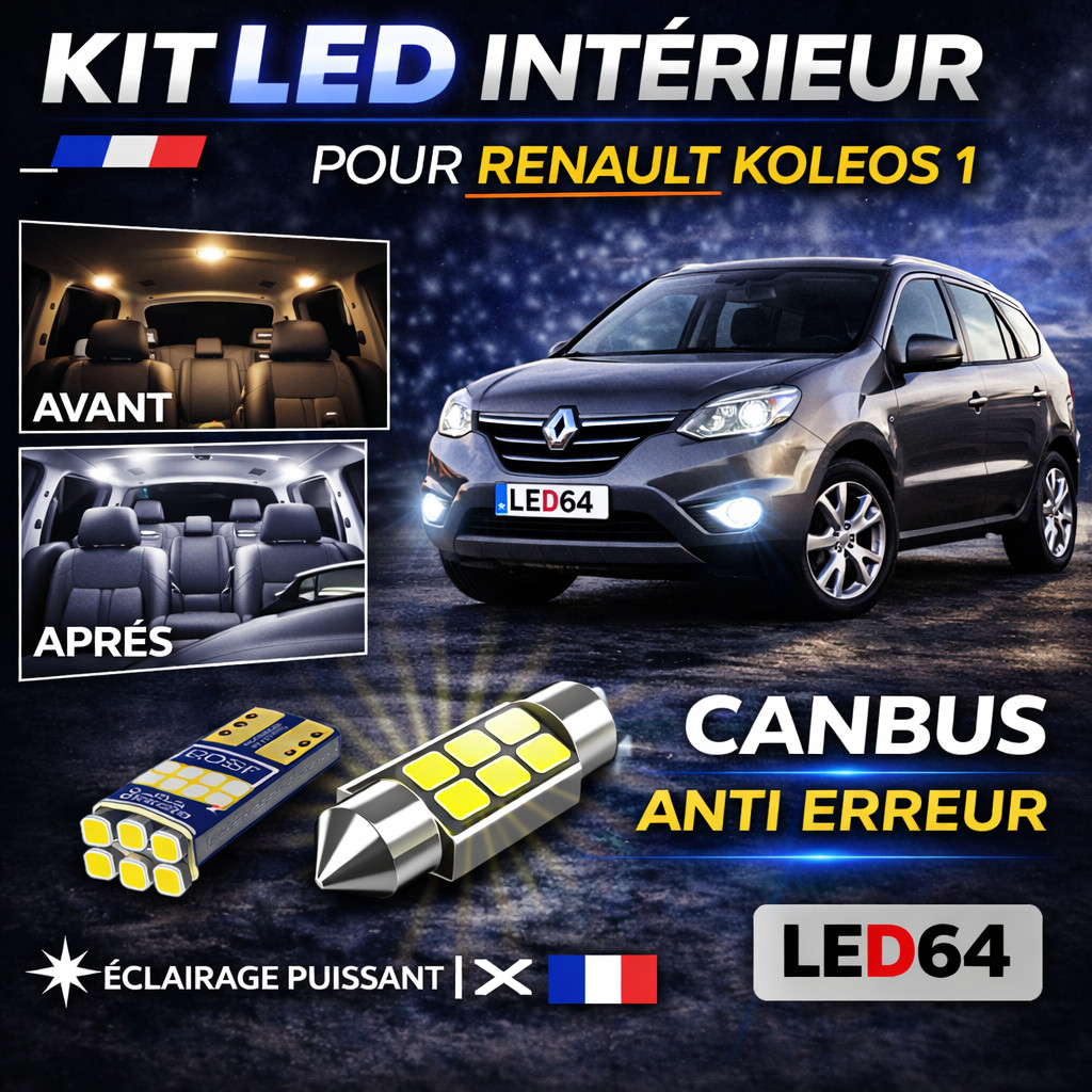 Ampoules LED Renault Koleos 1 kit 12 pièces éclairage intérieur blanc pur