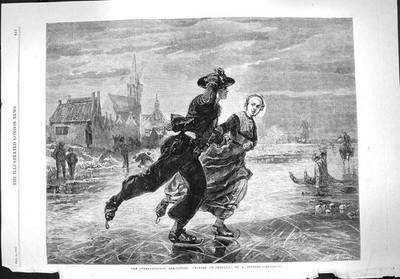 Original alter antiker Druck 1862 Winterseeland Eislauf Ausstellung Dillene