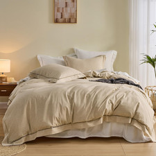 Linen Duvet Cover Queen Size, 3 PCS Natural Linen Cotton Blend Bedding Set with