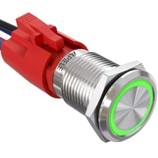 APIELE 16mm 12V Latching Push Button Switch Green LED 10A Waterproof Metal