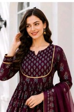 Women Purple Floral Printed Anarkali Kurta Pant Dupatta Set Indian Ethnic XS-XXL