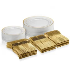 125 Piece Gold Dinnerware Party Set 50 Gold Rim Plastic Plates 25 Dinner 25 Dess