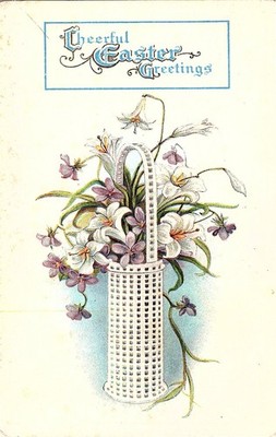 ''Cheerful Easter Greetings'' with Floral Basket Art Vintage Postcard