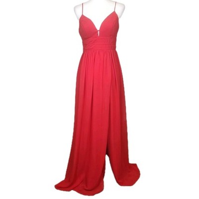 City Triangles A-Line Long Dress Juniors 5 Red Chiffon Spahgetti Strap Slit Prom