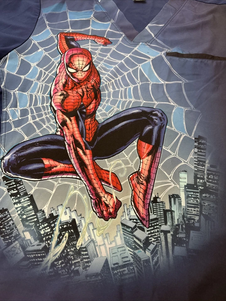 Y2K Marvel AOP Spider Man Scrub Top Unisex Size XL All Over Print City Skyline - Image 3 of 4