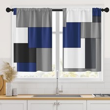 Dark Blue Kitchen Curtains 36 Inch Length Black Grey White Geometric Simple S...