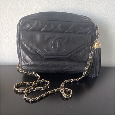 CHANEL Black Quilted Small Crossbody Bag Gold Chain Strap Zip Tassel Charm