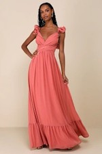 Lulus Soiree Celebration Ruffled Lace-Up Maxi Dress Rose S