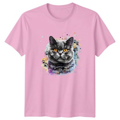 Aquarell Künstlerisch Grau Katze Portrait T-Shirt Britisch Kurzhaar Katzen Geburtstag