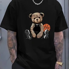 Men's T-shirt With Cool Bear And Basketball Prints, Casual Short Sleeved Round N
