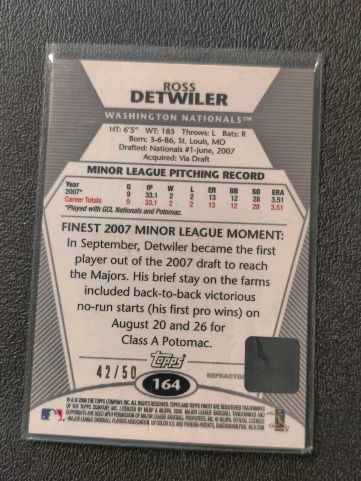 2008 Topps Finest Autograph Gold Refractor #164 Ross Detwiler Auto /50 FADED - Image 2 of 2