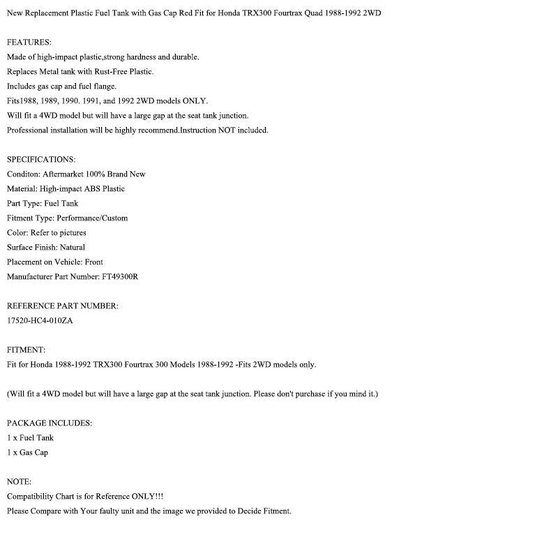 Plastic Gas Fuel Tank With Cap Fit for Honda TRX300 TRX 300 Fourtrax